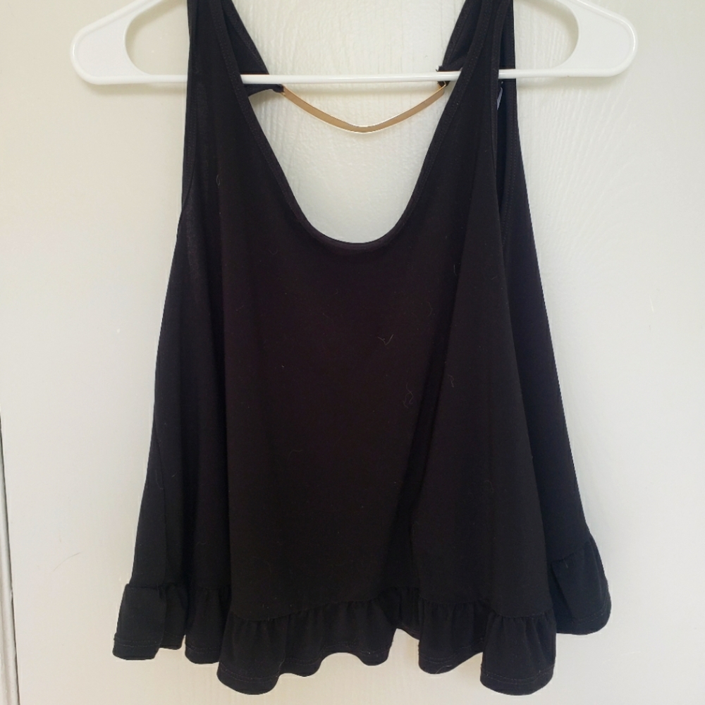 Black Tank Top with Peplum Hem and Gold Hardware Detail